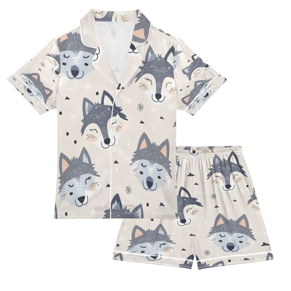 Children's Satin Pajama Sets Pajama Sets Button-Up Satin Pajama Set for Boys & Girls Gray Cartoon Wolf Face S