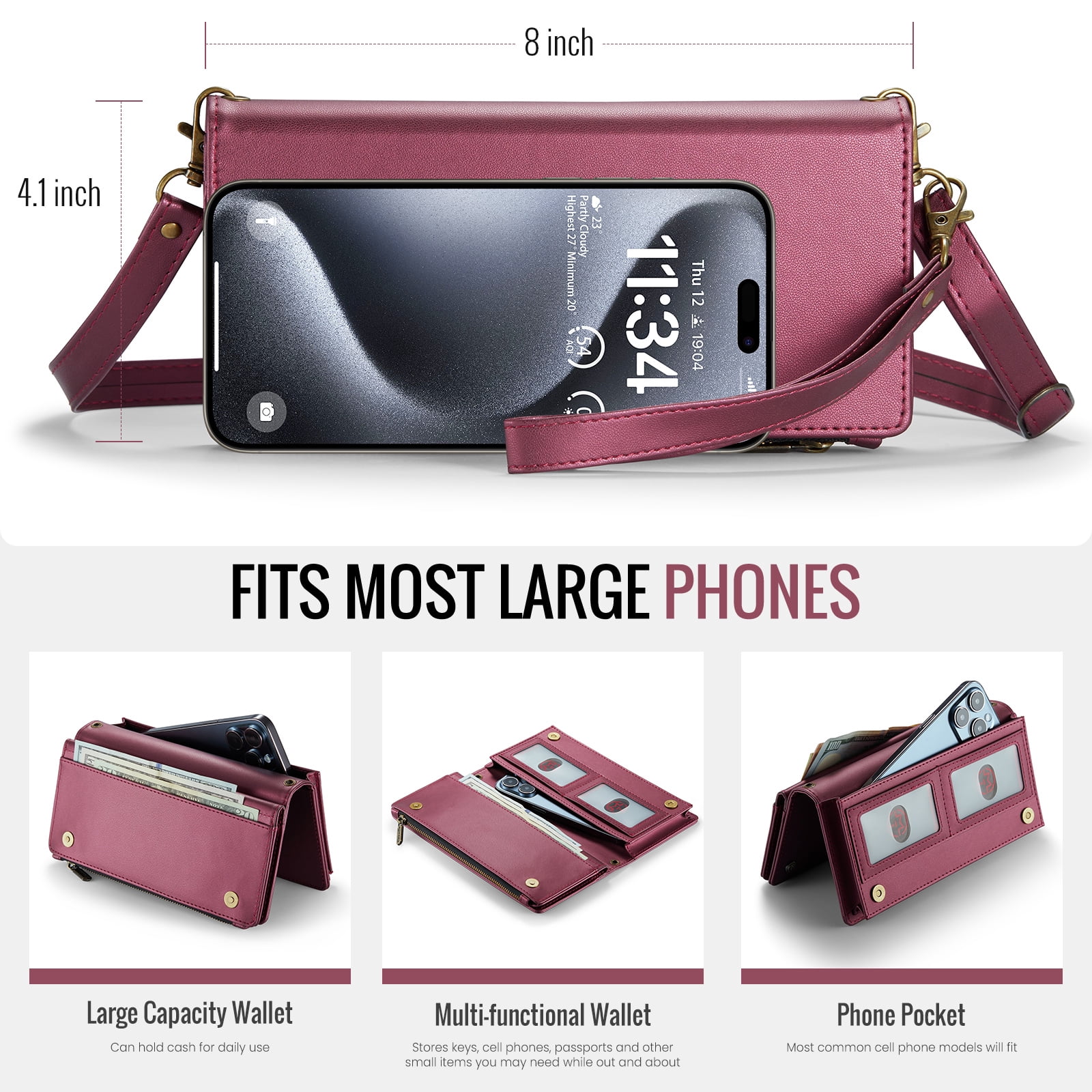 ELEHOLD Phone Bag Wallets for Women Girls,Luxury PU Leather Wallet Bag Crossbody Handbag with Phone Pocket Zipper Pocket Large Capacity Credit Card Holders Wriststrap Shoulder Strap,Winered