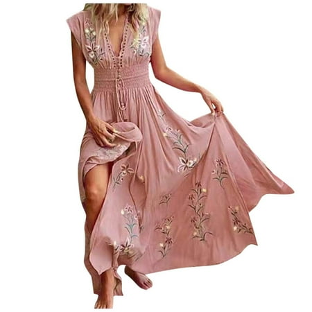 Blphud Cozy Dress Elegant Summer Dresses for Women Summer Women s V Neck Bohemian Print Beach Maxi Dress Flowy Dresses for Women Work Casual Pink S