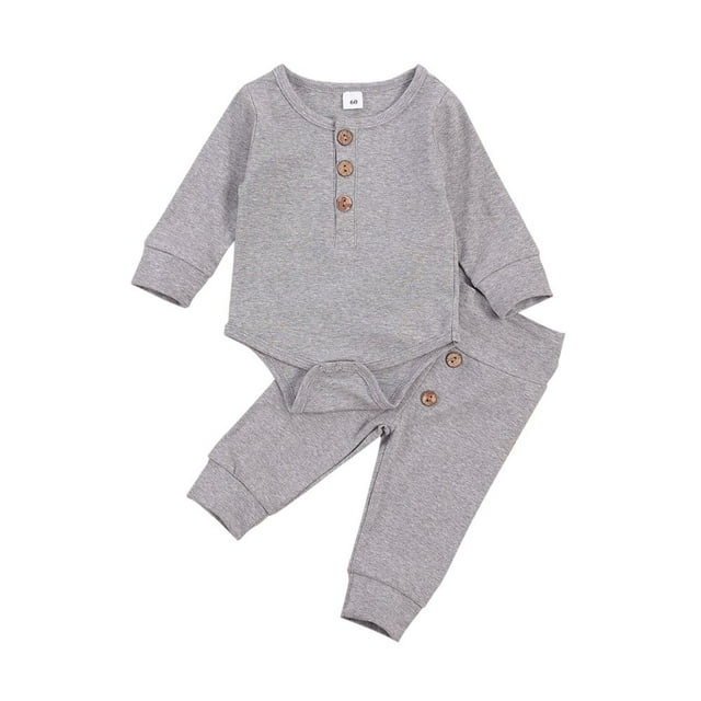 Newborn Baby Boy Pajamas Outfit Long Sleeve Button Romper Bodysuit Pants Sweatsuit 2PCS Winter Clothes Set