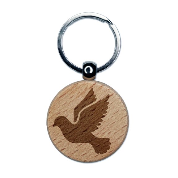 Dove Flying Silhouette Bird Round Keychain Charm Tag - Engraved Wood