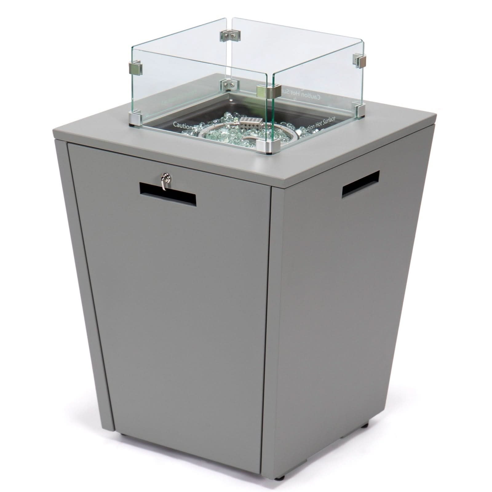 LeisureMod Chelsea 32" Propane Gas Fire Pit Table, Grey Steel CSA-Certified Outdoor Firepit with Tempered Glass Wind Guard & Lid – Patio Heater for Backyard or Garden