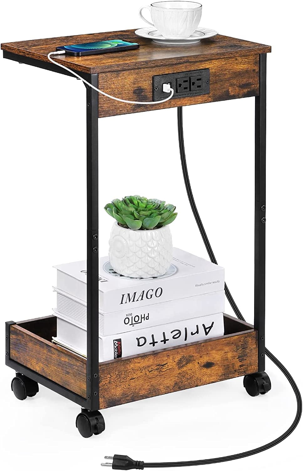 CShaped Rolling End Table with Charging Station, Sofa Side Table with