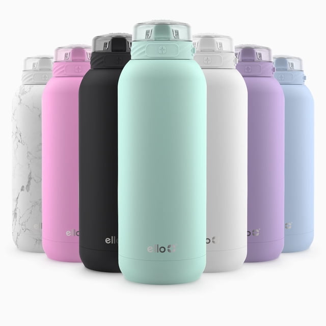 botella de agua ello cooper de acero inoxidable de 1,2 l con yuca de paja multicolor — vista frontal centrada de varias botellas; primera botella mint con cuerpo cilíndrico de doble pared, acabado mate, logo ello en la base, tapa con boquilla de silicona y asa de transporte; filas secundarias en rosa, negro, blanco marmoleado, lila y azul sobre fondo blanco.