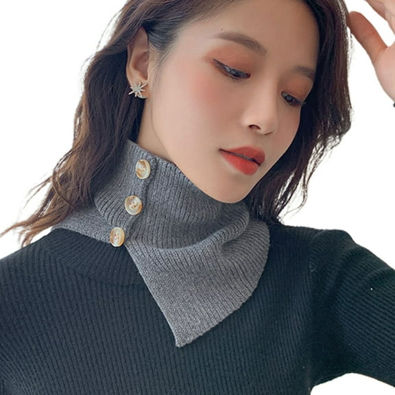 Women Ribbed Knit Warm Snood Scarf Buttons False Collar Cover Bib Neck Warmer
