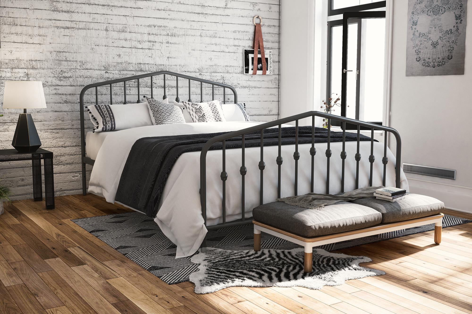 The Novogratz Modern Farmhouse Bushwick Metal Bed, Gray, Queen - Walmart.com