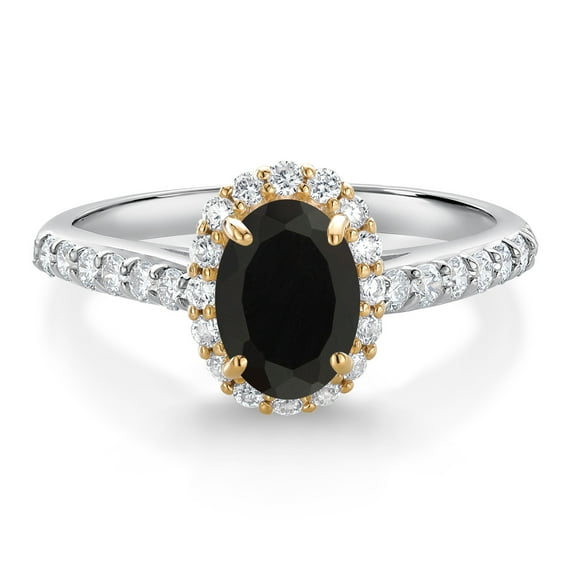 Gem Stone King 10K White Gold Black Onyx White White Lab Grown Diamond Halo Engagement Ring for Women (1.01 Cttw, Oval 7X5MM, Gemstone December Birthstone, Size 7)