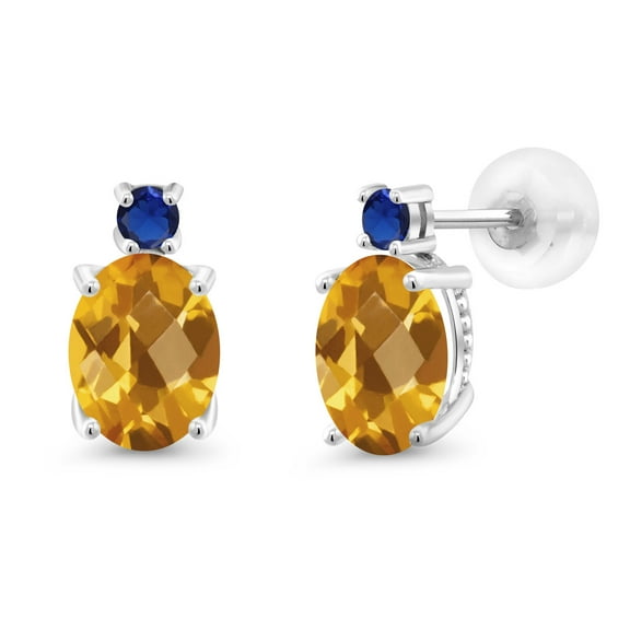 Gem Stone King 14k White Gold Yellow Citrine and Blue Created Sapphire Earrings for Women (2.66Cttw, GemstoneNovember Birthstone, Oval Checkerboard 8X6MM, Round 2.5MM)