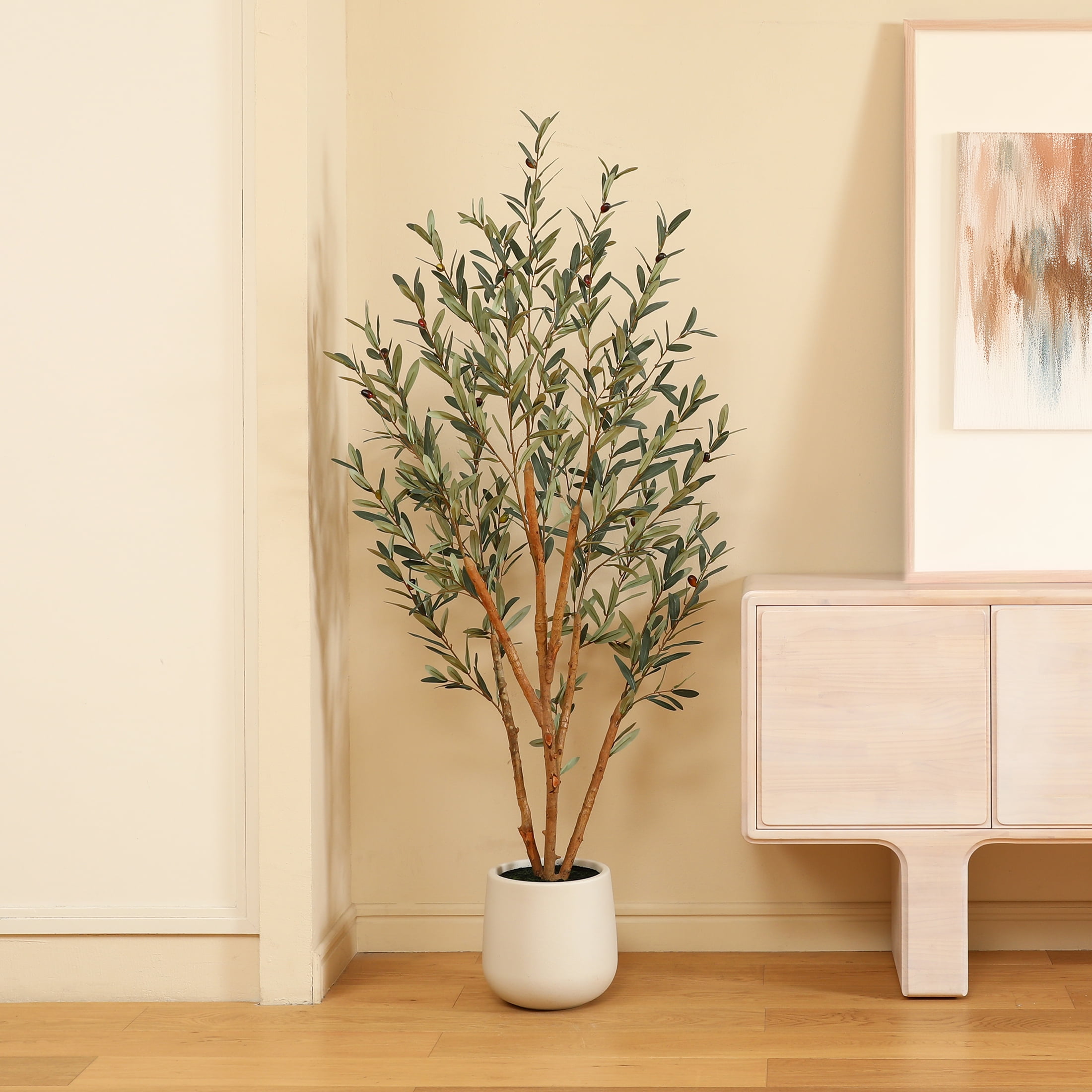 6ft Fake Olive Tree with Oval White Planter, Artificial Olive Plants with Realistic Leaves and Natural Trunk, Big Fake Plants for Home Decor