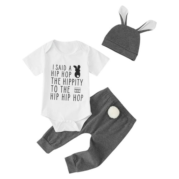 JAJAHO Baby Boy Girl Clothes Romper Set Easter Summer Short Sleeve Letter Print Bodysuit Long Pants With Hat 3 Piece Set 0-12 Months Soft Outfit