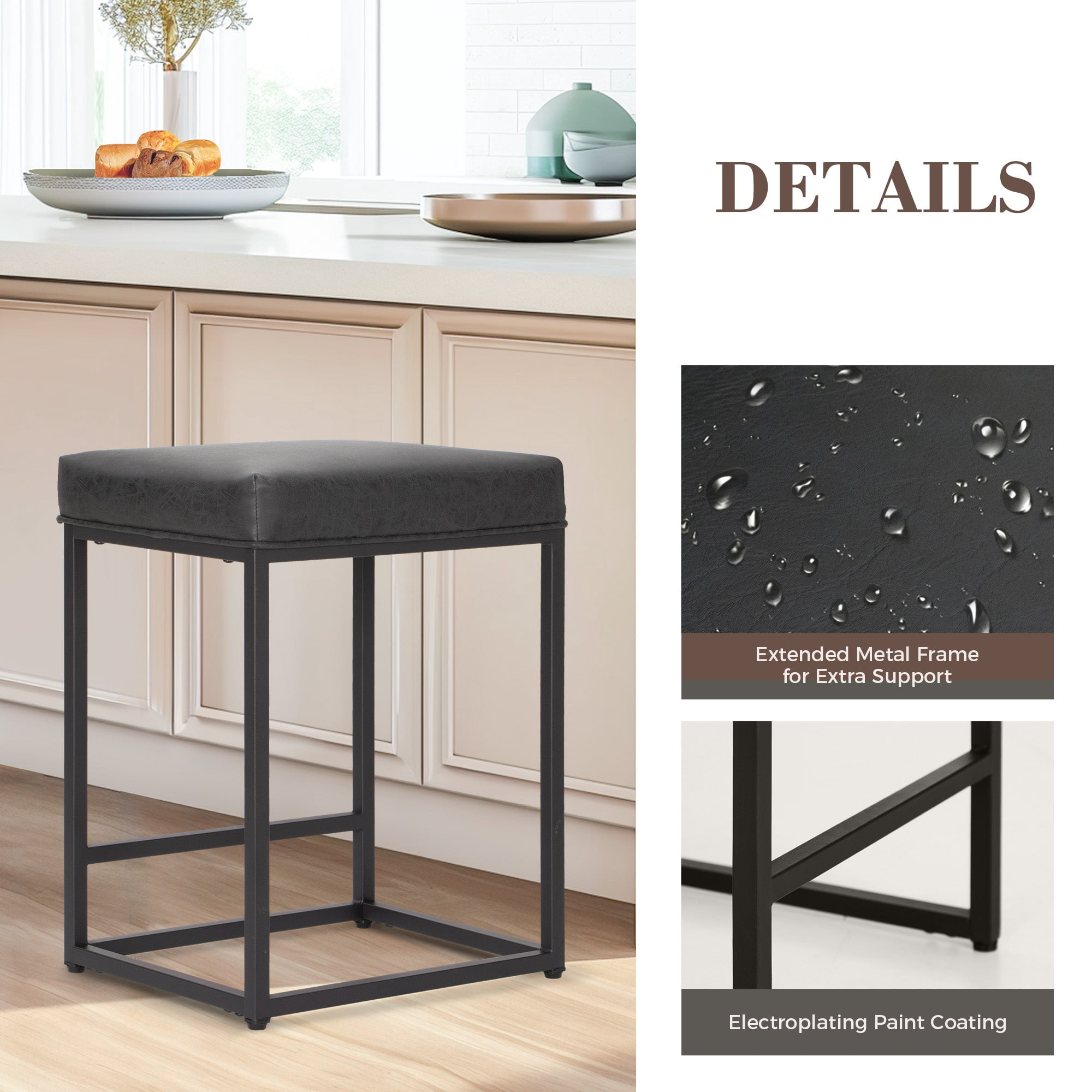 SUMMIT LIVING 24" Counter Height Bar Stool Set of 3, Upholstered Faux Leather Backless Counter Stool for Kitchen Island, Black