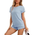 thumbnail image 4 of INSPIRE CHIC Women's Pajamas Short Sleeves Tops and Elastic Waist Shorts Tracksuit Casual Lounge Sets M Blue, 4 of 6