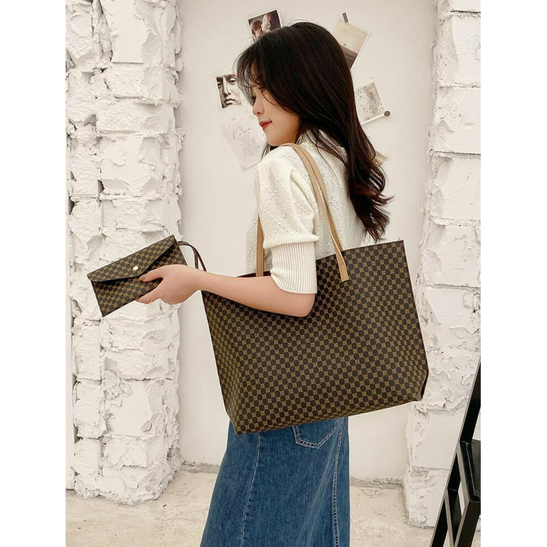 Canvas LV Neverfull Tote Bag in Brown with Pouch for Women and Girls