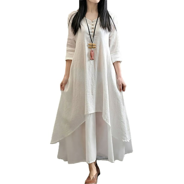 Nueva moda mujer Casual vestido suelto sólido manga larga Boho largo Maxi vestido Abanopi Vestido