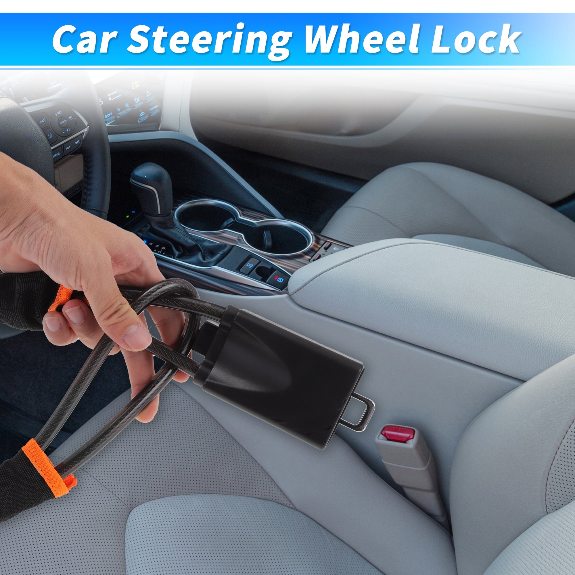 Unique Bargains Steering Wheel Lock with Seat Belt Lock Function - Universal Anti Theft Car Device for Most Vehicles 44 cm Length High Security with Black (1 Set)
