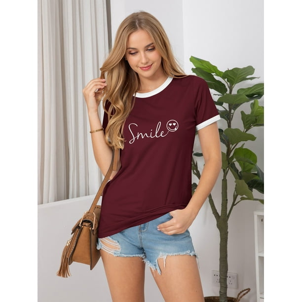 ZXSXSY T-Shirts for Women Happy Face Letter Print Graphic