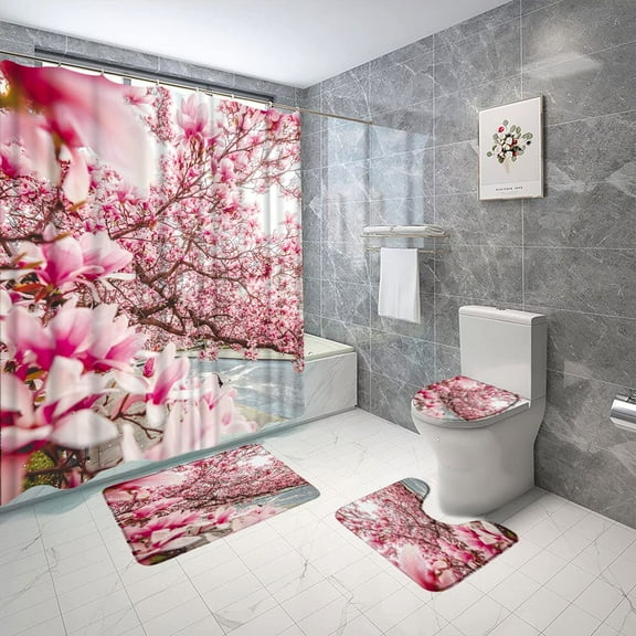 Cherry Blossoms Shower Curtain Bath Mat Spring Scenery Fabric Bathroom Curtain Anti Slip Floor Rug Toilet Lid Bathroom Decor