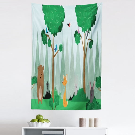 Forest Friends Tapestry, Cartoon of Bear Birds Fox Wold Bunny in Woods with Trees Print, Fabric Wall Hanging Decor for Bedroom Living Room Dorm, 5 Sizes, Multicolor, by Ambesonne