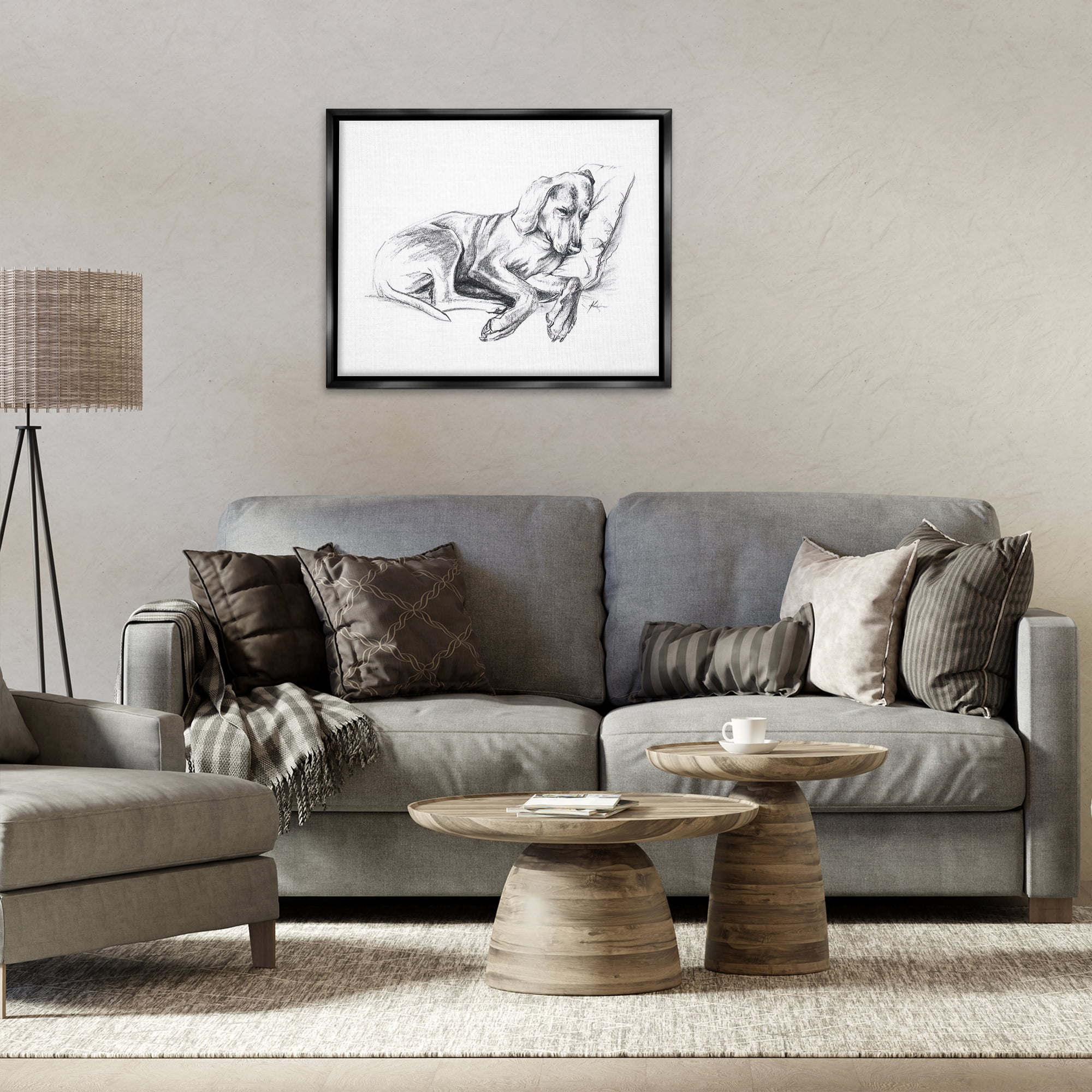 Stupell Industries Napping Dog Drawing Animals Drawing Black Floater Framed Canvas Art Print Wall Art, 31 x 25