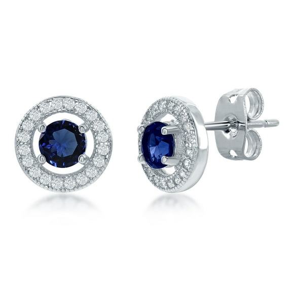 Silver Cubic Zirconia Micro Pave Setting Round Created Sapphire CZ 10mm Halo Stud Earrings