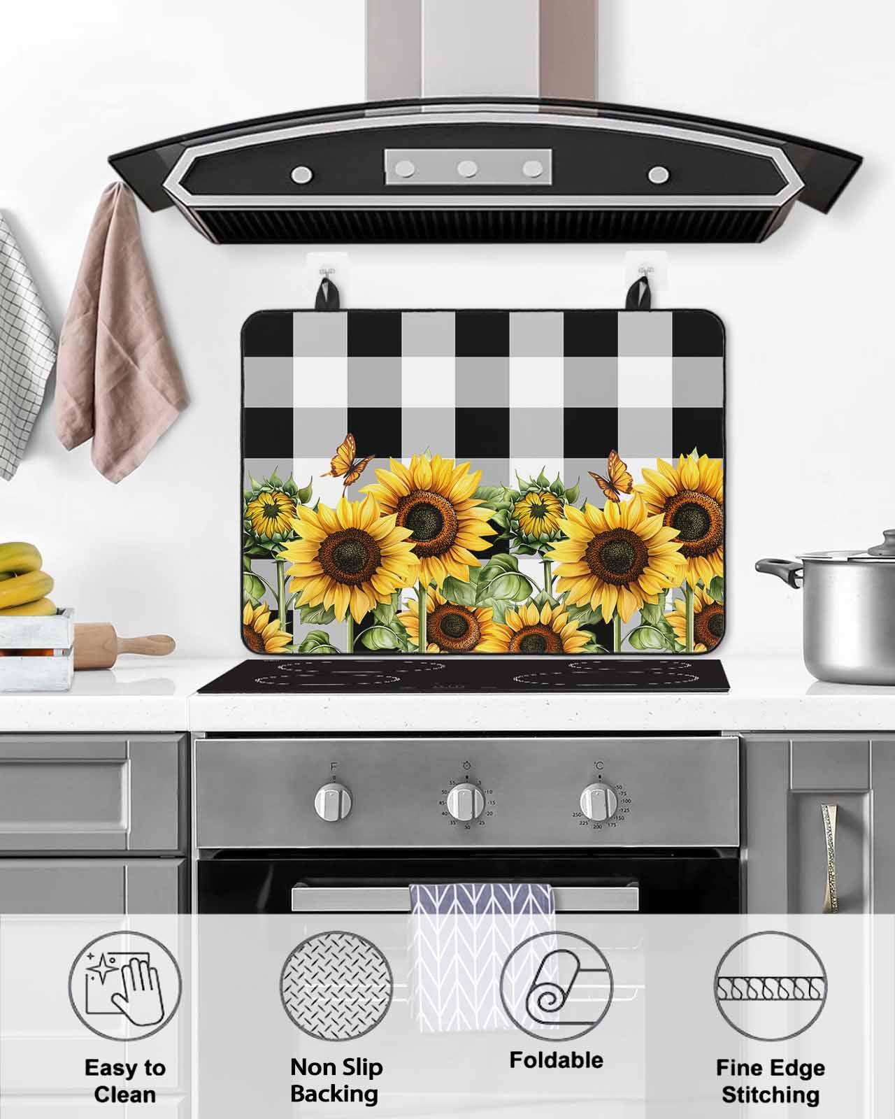 nqOlkjepod Large Induction Cooktop Protector Mat 24"x21", Sunflower Stove Top Covers for Electric Stove, Summer Botanical Floral Blooming Black Plaid Stove Burner Cover Mats, Glass Top Stove Cover
