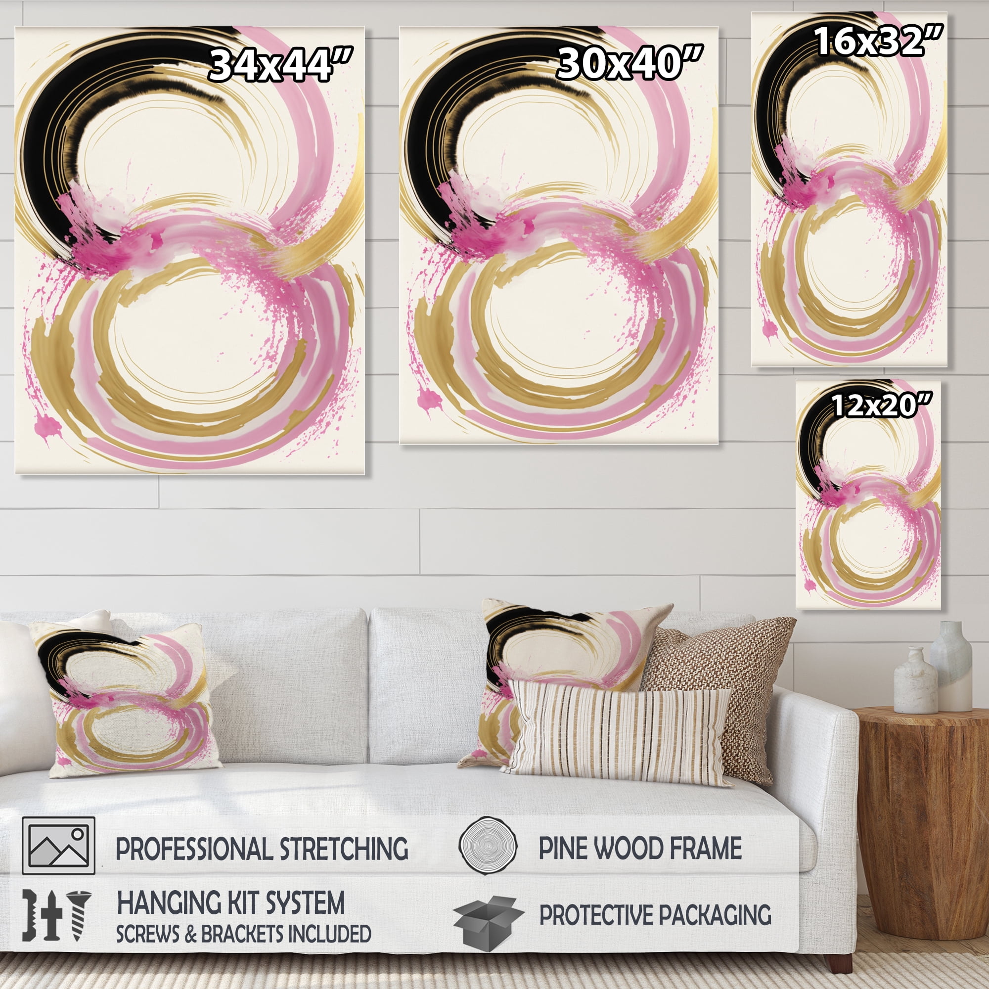 Designart Pink And Gold Curves IV Canvas Wall Art