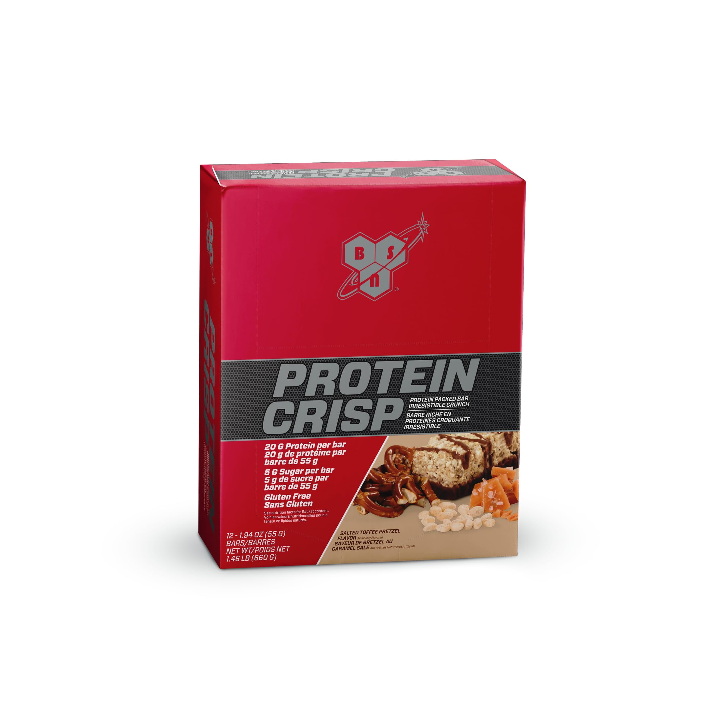 Protein Crisp, Protein Packed Bar, Salted Toffee Pretzel, 12 Bars, 1.94 oz (55 g) Each, BSN