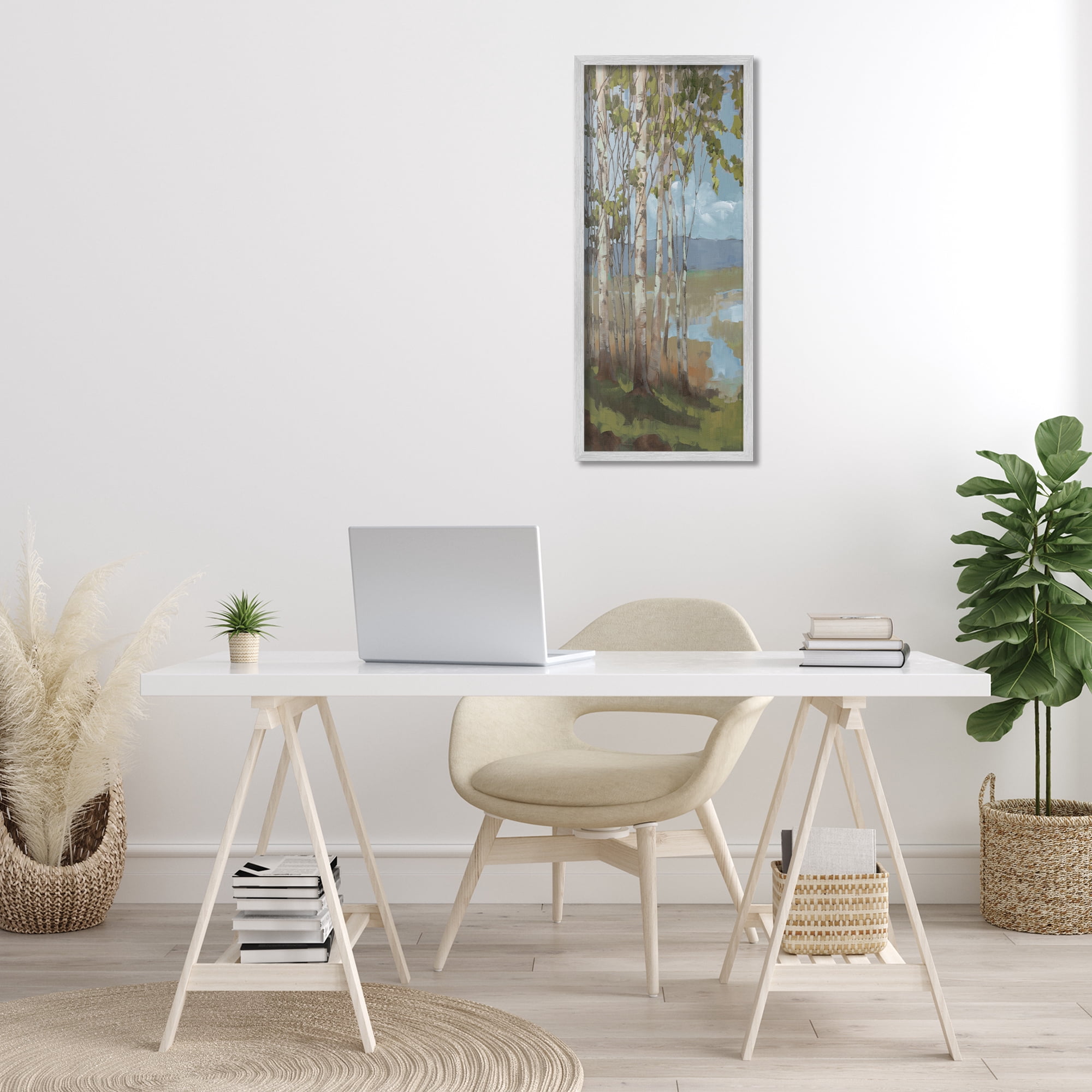 Stupell Industries Rustic Birch Grove Landscape Painting Gray Framed Art Print Wall Art, 13 x 30