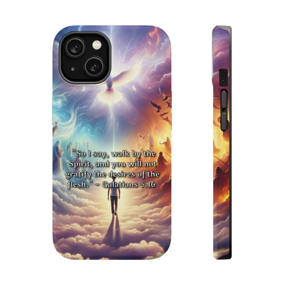 DistinctInk Tough Case for Apple iPhone 13 (6.1" Screen), Compatible with MagSafe Charging - "Galatians 5:16 - Walking by the Spirit's Guidance"