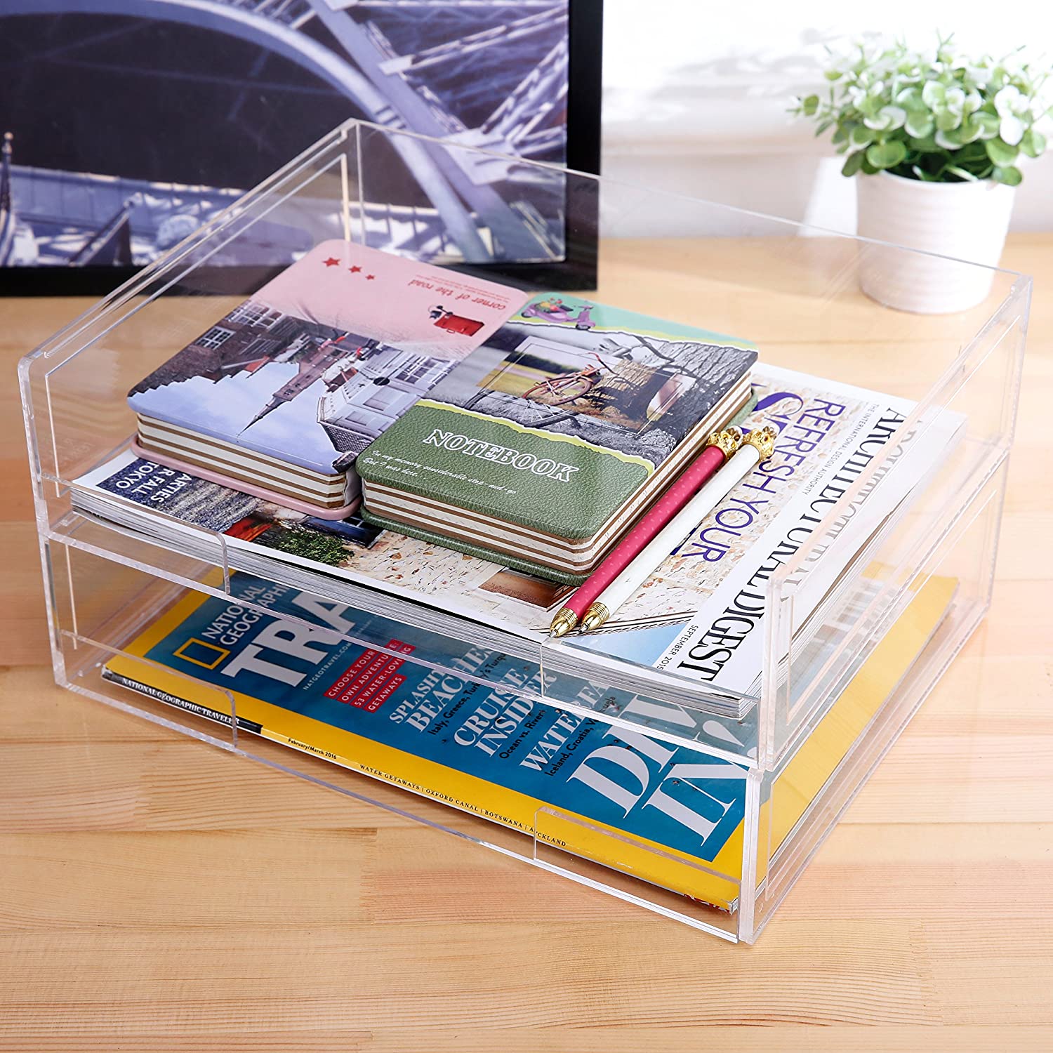 MyGift Set of 2 Deluxe Stacking Clear Acrylic Document Paper Trays 
