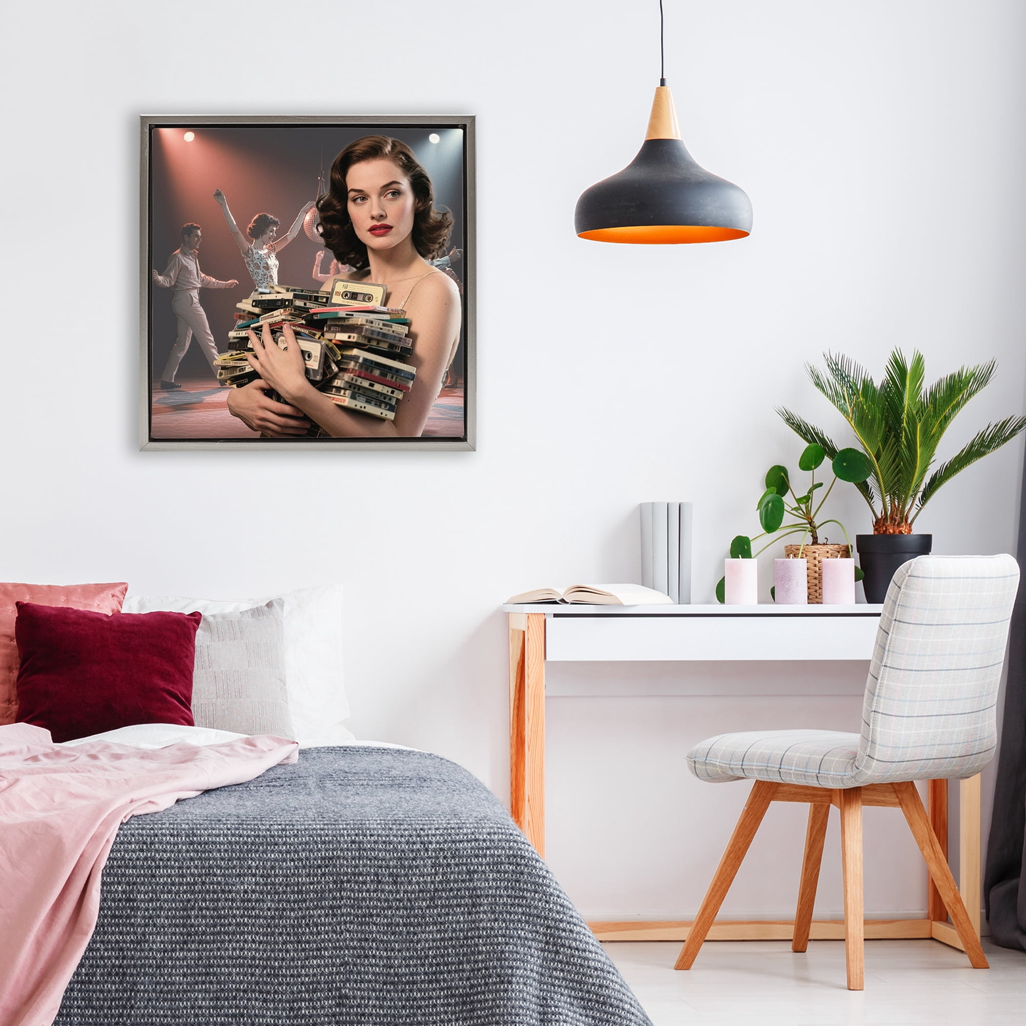 Stupell Industries Woman Holding Vintage Cassette Collection Gray Framed Floater Canvas Wall Art, design by CAD Designs