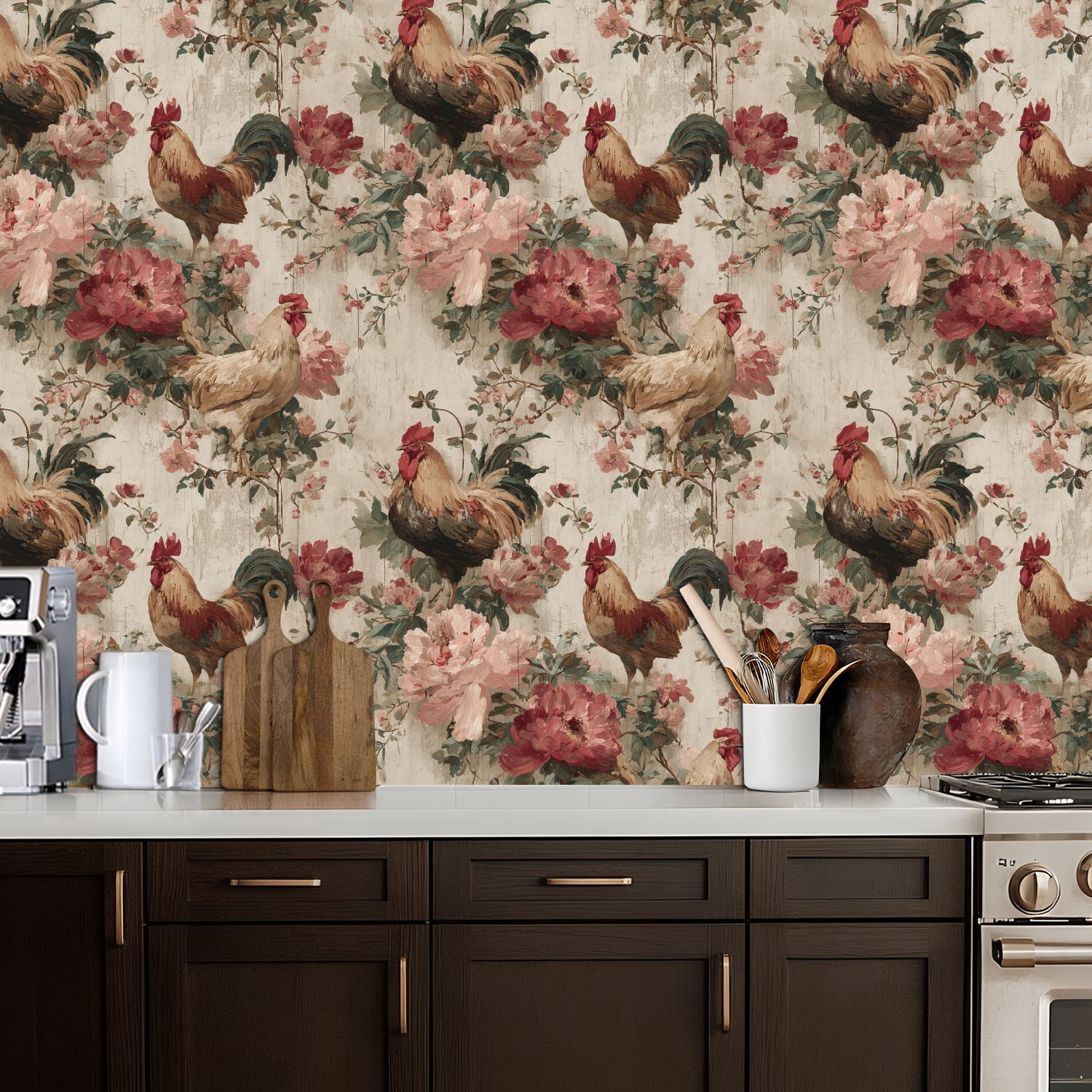 Peel and Stick Wallpaper 17.7in x 9.8ft Vintage Rooster Floral Soft Rustic Country Farmhouse Contact Paper Vinyl Waterproof Self Adhesive Wall Paper for Bedroom Shelf Cabinet Renter Friendly
