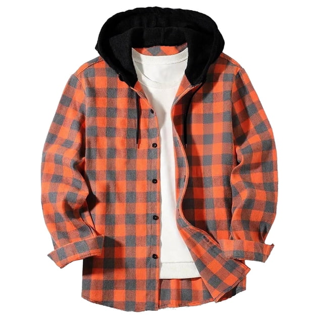 Ceisia Men's Plaid Hooded Button-Up Shirt for Casual & Outdoor Wear Orange XL Gifts