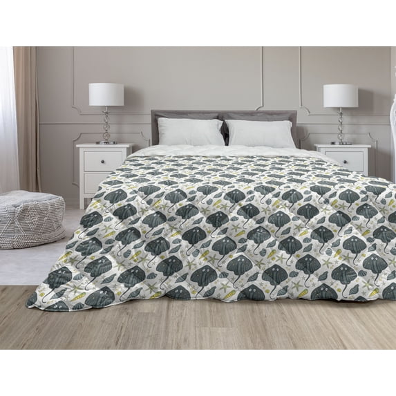Marine Down Alternative Comforter, Aquatic Tones Fishes Swimming in the Sea Style Underwater Cartoon, Microfiber Quilt for All Season, 5 Sizes, Indigo Sea Blue White, by Ambesonne