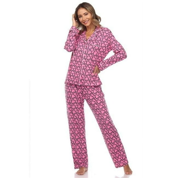 13686-32-L Long Sleeve Heart Print Pajama Set - Pink - Large