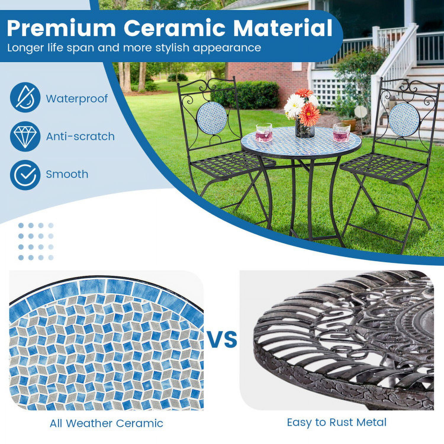 Aimee Lii 3 Pieces Patio Bistro Set Outdoor Furniture Mosaic Table Chairs, Outdoor Patio Furniture