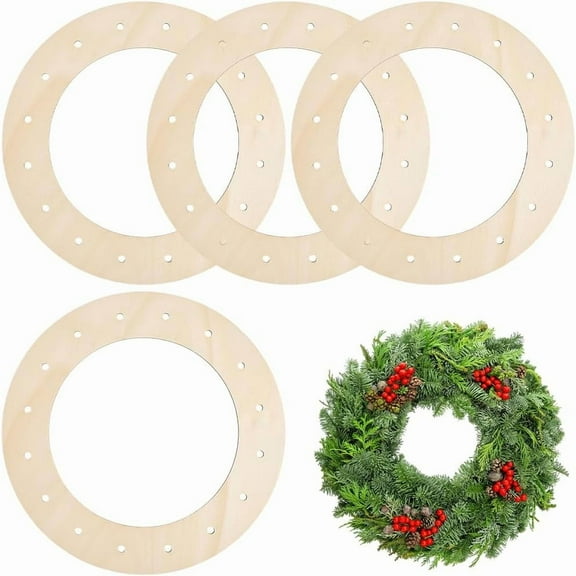 4 Pack 12 Inch Wooden Wreath Frame Round Wood Craft Hoops Old Lace Color Wreath Ring with Holes Floral Arrangements Form Base for Christmas Wedding Home Decoration DIY Macrame Crafts Projects