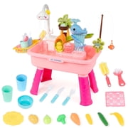 Pink Water Table for Girls/ 2–7 Years,20 in/51 cm, Outdoor Sensory Toys , Gift for Kids Outdoor Play Table with Pump & Running Water, Fishing Game.