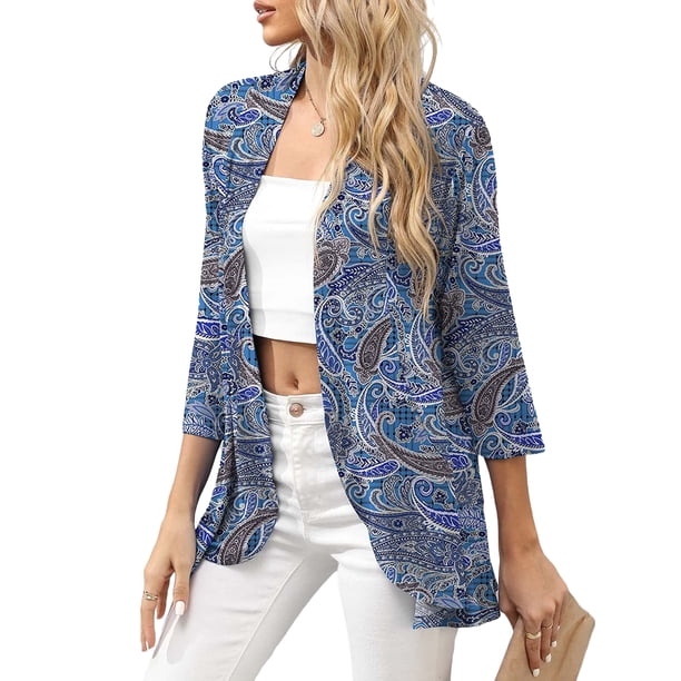 UKAP Cárdigan tipo Kimono para mujer, blusa con parte delantera abierta, blusa de manga 3/4, suéteres de verano con dobladillo alto y bajo para mujer