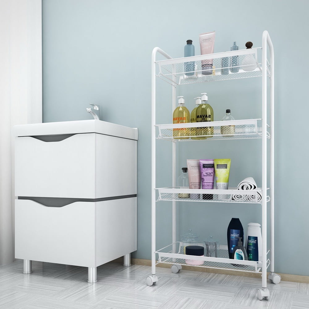 Kepooman 4-Tier Mesh Wire Rolling Cart with Hook Ivory, White Kepooman 4-Tier Mesh Wire Rolling Cart with Hook Ivory, White