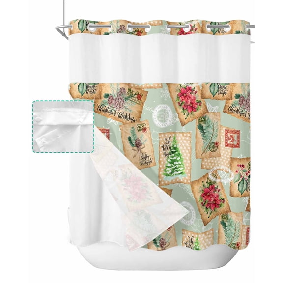 No Hook Shower Curtain with Snap in Liner, Christmas Vintage Envelope Stamp Green Texture Hotel Shower Curtains for Bathroom, Washable Shower Curtain Liner Set with Mesh Top Window, 72"x72"