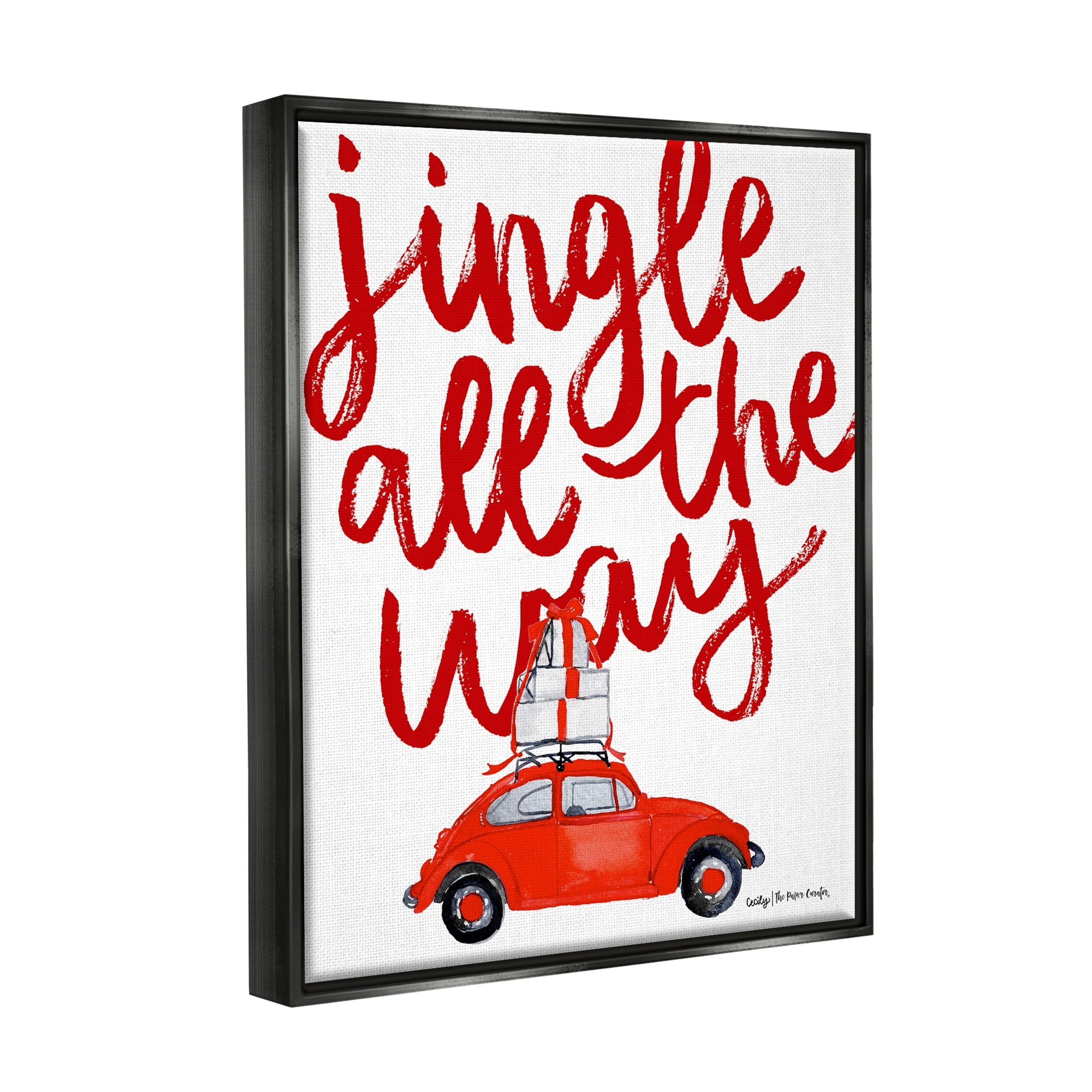 Stupell Industries Jingle All The Way Holiday Gifts Red Car Driving Graphic Art Metallic Gold Floating Framed Canvas Print Wall Art, Design by Cecily Moore