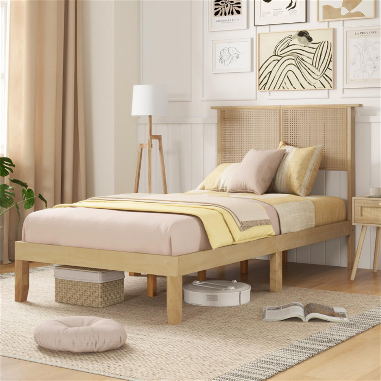 Demi Bonn Twin Size Bed Frame with Rattan Headboard, Platform Bed Frame with 12 Strong Wood Slat Support, No Box Spring Needed, Beige