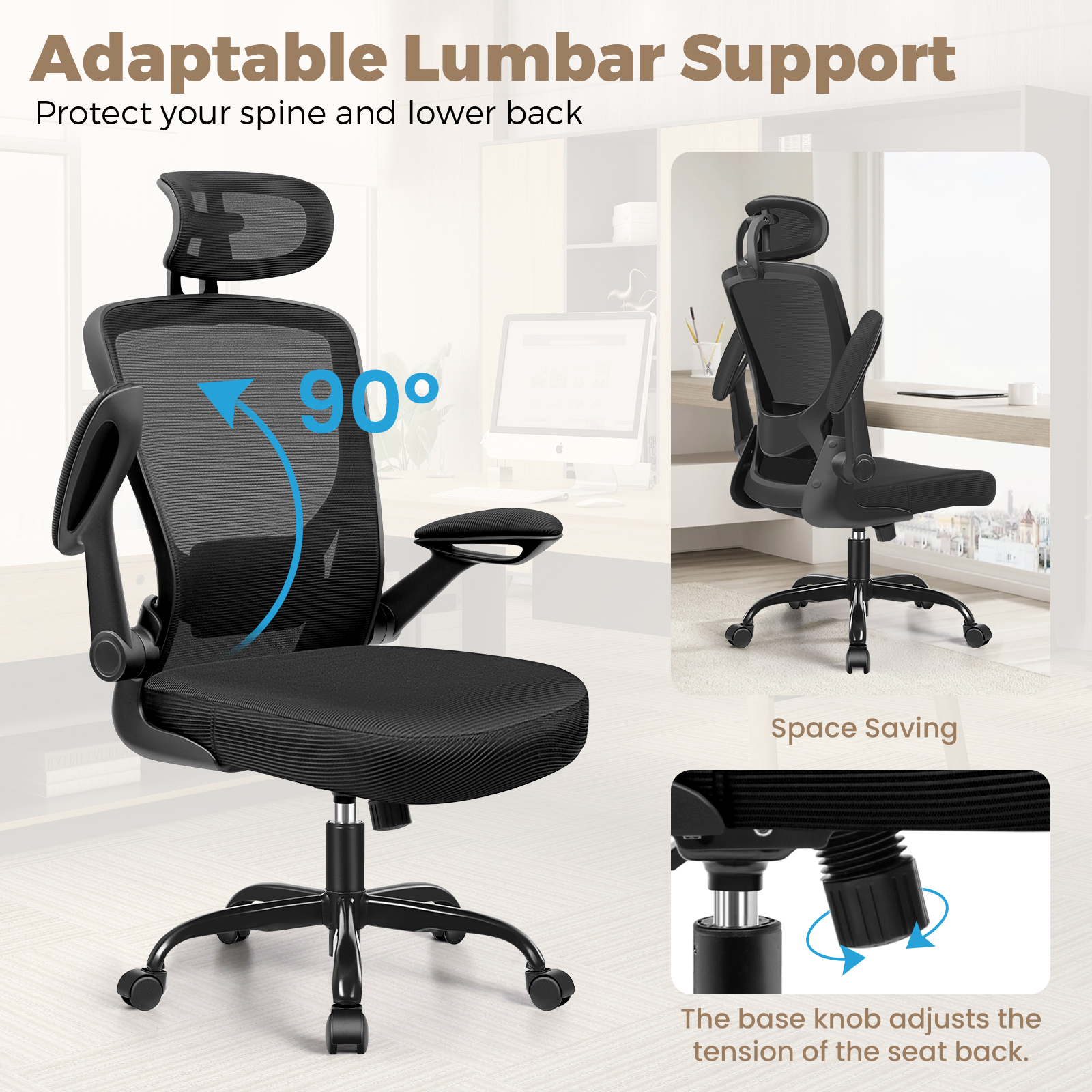 COOLHUT Office Chair Ergonomic Desk Chair, High Back Office Chair with Headrest, Big and Tall Comfy Home Office Desk Chair Lumbar Support Breathable Mesh Office Chair, Black