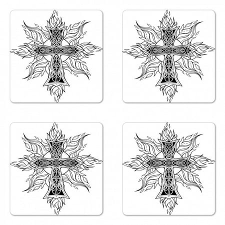 

Celtic Coaster Set of 4 Gothic Image in Celtic Style Flames of Fire Simplistic Traditional Timeless Pattern Square Hardboard Gloss Coasters Standard Size Black White by Ambesonne