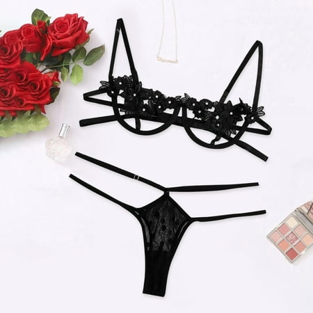 

MRULIC intimates for women With Steel Gstring Ring Lace Lingerie Rose Underwear Thong Black + M