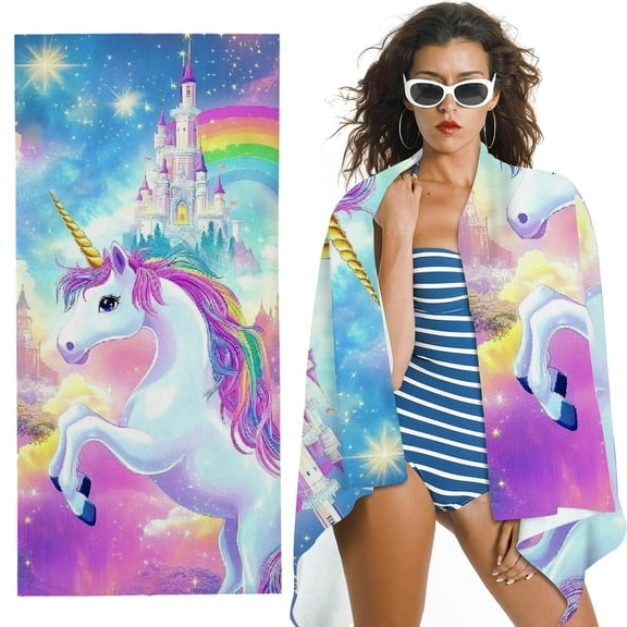 PHYHOO Unicorn Microfiber Beach Towel, Quick Dry Beach Blanket Oversized Clearance 30"x60", Castle Cute Sand Proof Bath Towel for Girls Travel