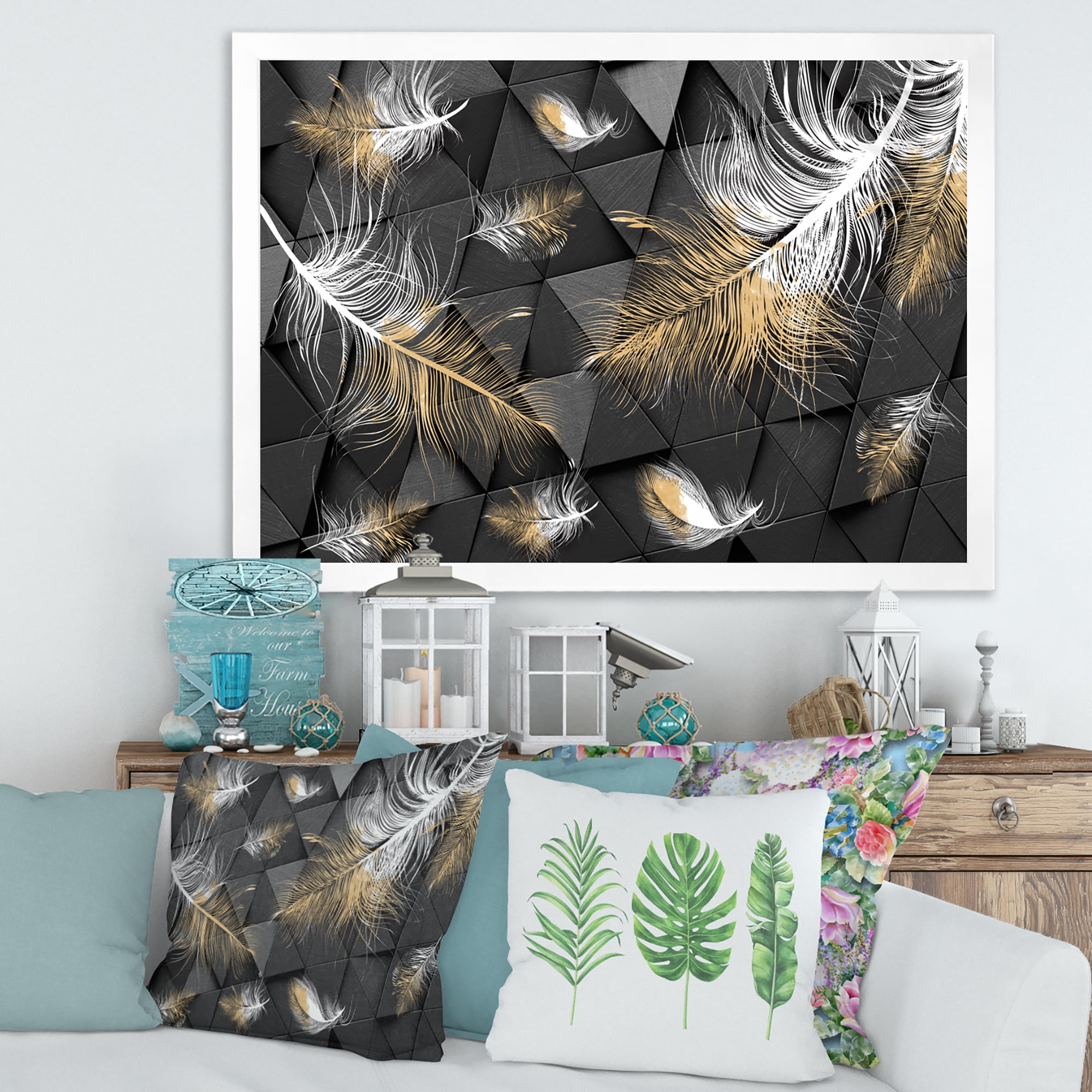 Designart 'Gold and White Feathers On Triangular' Modern Framed Art Print