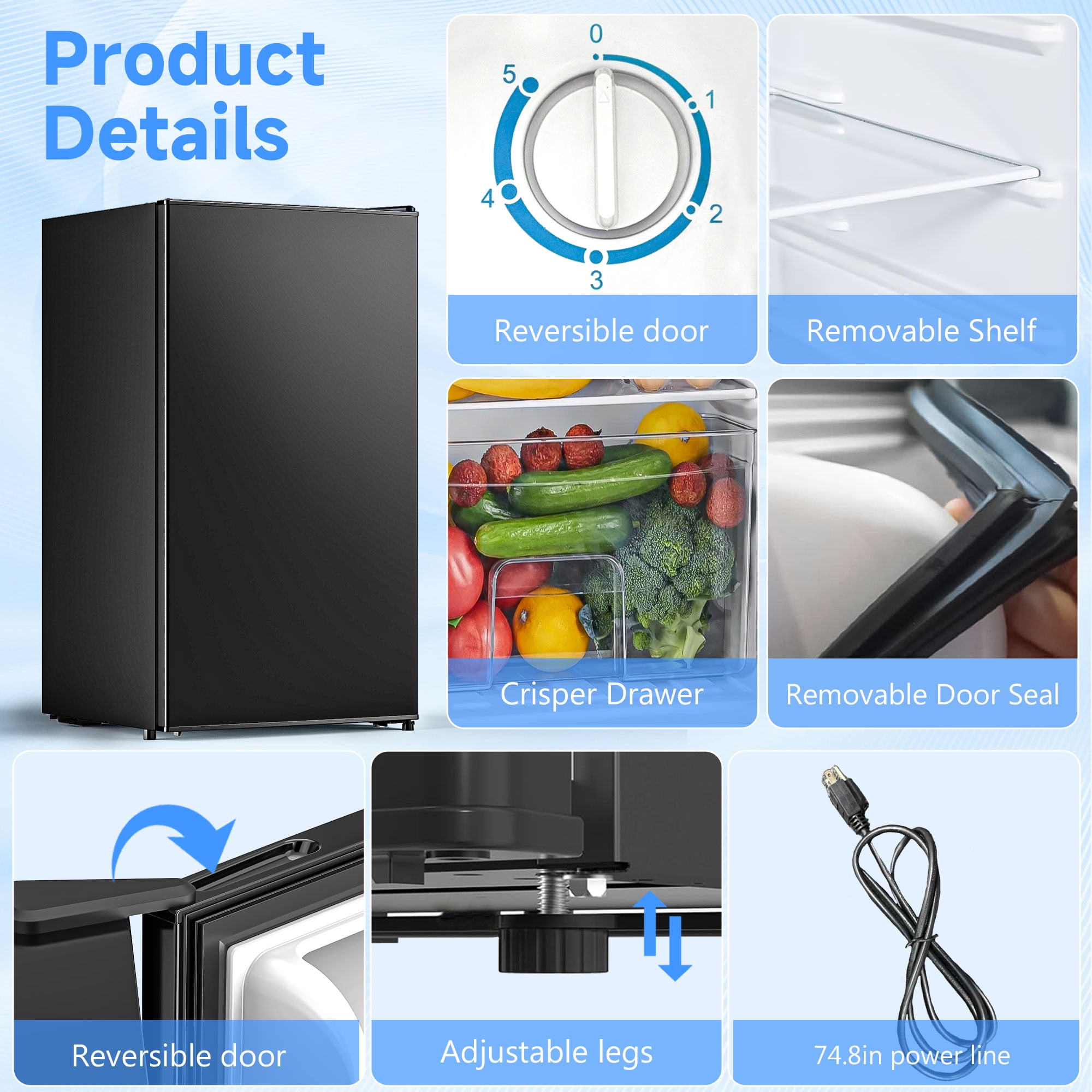 Aootek 3.2Cu.ft One Door Mini Fridge， Compact Refrigerator with Freezer, Reversible Door Mini Fridge, 5 Level Adjustable Thermostat for Dorm, Office, Bedroom, Apartment, Black