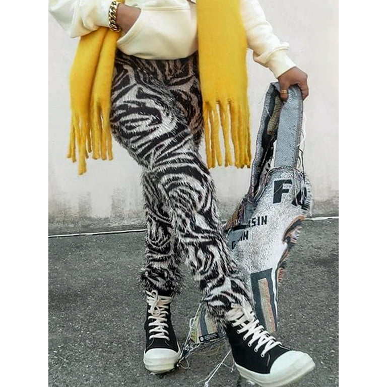 Xiaoluokaixin Streetwear Fashion: Women's Mid-Rise Zebra Print Pants with  Fuzzy Leggings